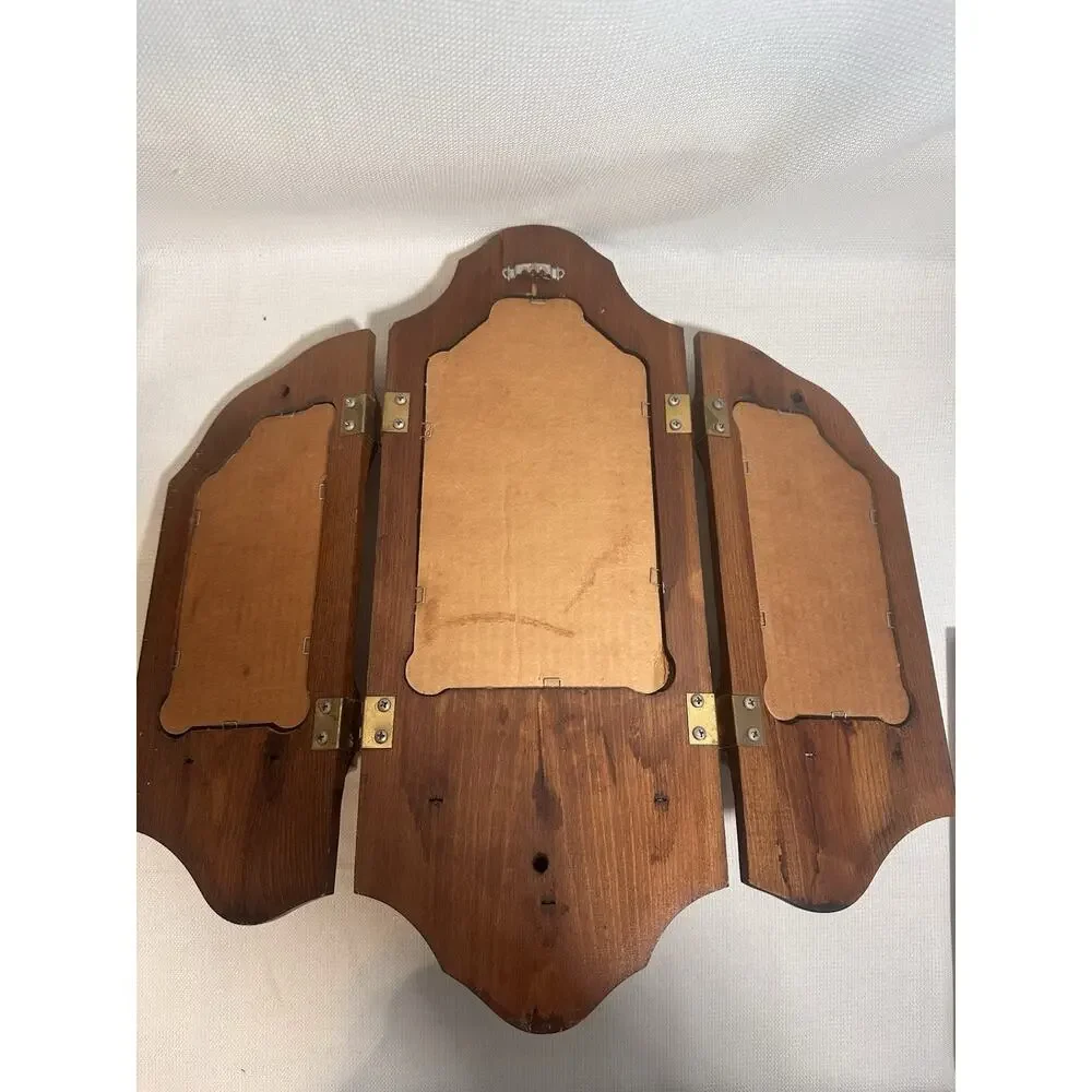 Vintage MCM Tri-fold Handcrafted Wooden Wall Sconce Mirror Candle Holders